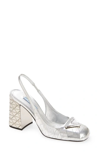 Shop Prada Logo Metallic Slingback Sandal In Argento