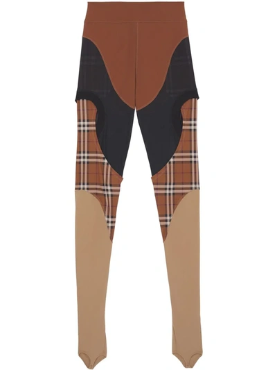 Shop Burberry Panelled Checked Stirrup Leggings In Brown