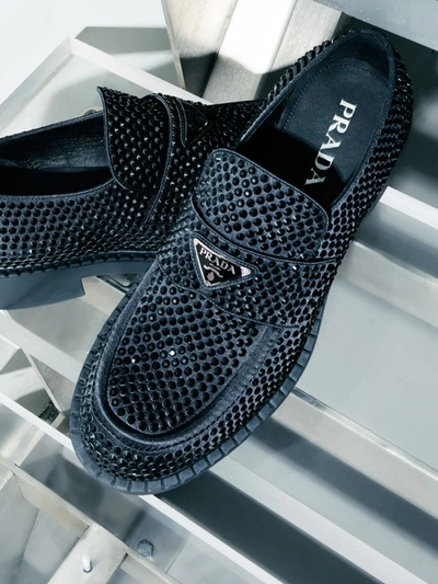 Shop Prada Crystal Chocolate Loafers In Nero