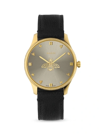 Shop Gucci Women's G-timeless Yellow Gold Pvd & Leather Strap Watch In Black