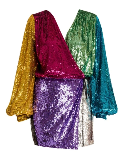 Shop Attico Colorblock Sequin Mini Wrap Dress In Neutral