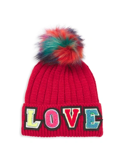 Shop Jocelyn Girl's Love Faux Fur Pom-pom Beanie In Red