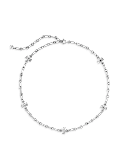 Shop Tory Burch Women's Roxanne Silvertone & Semi-precious Stone Chain Necklace In Shiny Pewter