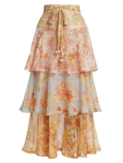 Shop Zimmermann Women's Postcard Flounce Midi Skirt In Mixed Swirl Floral