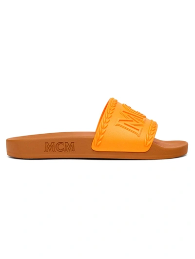 Shop Mcm Women's Embossed Logo Slides In Persimmon