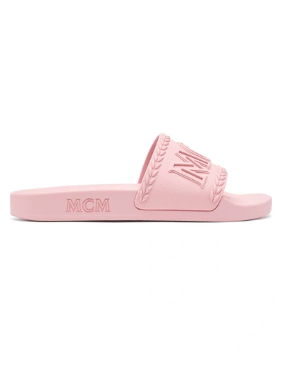 Shop Mcm Embossed Logo Slides In Powder Pink