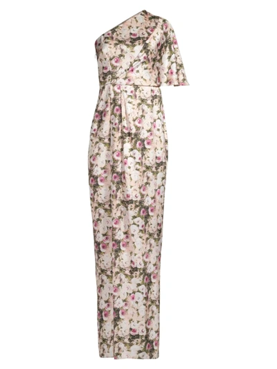 Shop Aidan Mattox Women's Flutter-sleeve Floral One-shoulder Column Gown In Blush Multi