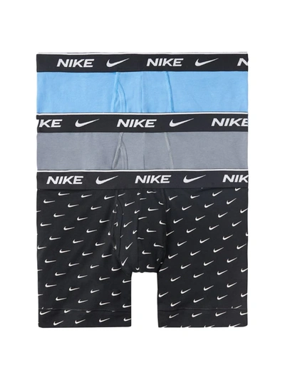 Shop Nike Everyday Cotton Stretch 3-piece Boxer Briefs Set In Swoosh Print Grey Blue