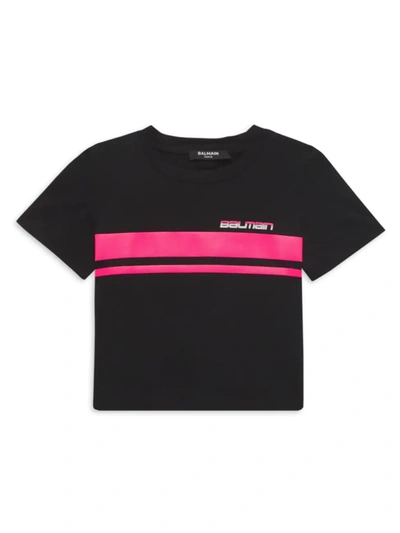Shop Balmain Little Girl's & Girl's Contrast Stripe Logo T-shirt In Black Fuchsia