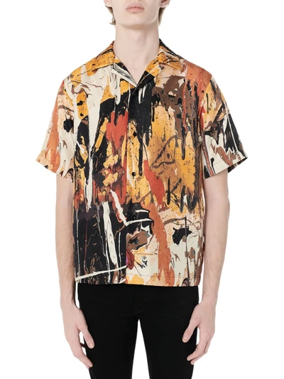 Shop Amiri Men's Short-sleeve Paint Splatter Bowling Shirt In Brown Orange