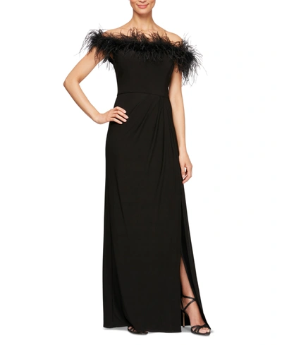 Alex Evenings Long Off-the-shoulder Gown With Maribou Detail In Black In Black