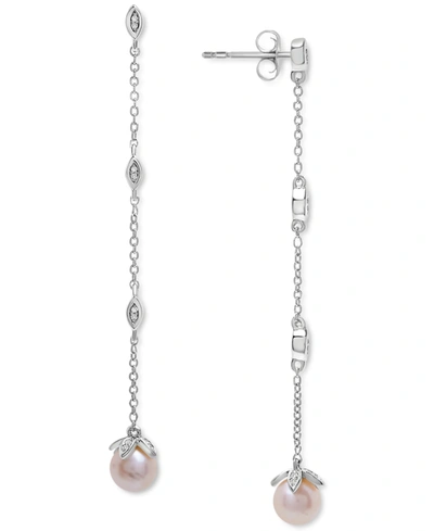 Macy's Cultured Freshwater Pearl (6mm) & Diamond (1/10 Ct. T.w.) Linear Drop Earrings In Sterling Silver In Sterling Silver