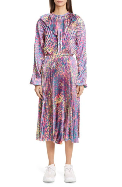 Shop Vetements Plisse Long Sleeve Midi Dress In Fluo Leopard