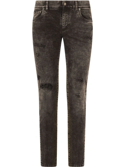 Shop Dolce & Gabbana Distressed-effect Slim-cut Jeans In Grau