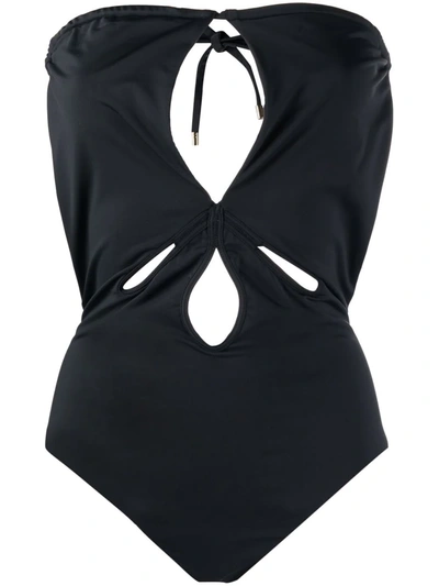 Self-portrait Cut-out Halterneck Stretch-recycled Polyamide Swimsuit In Schwarz