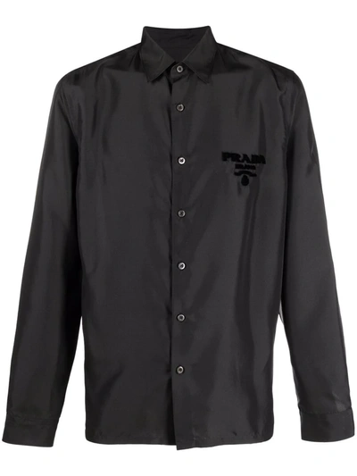 Shop Prada Embroidered-logo Silk Shirt In Schwarz