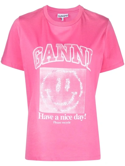 Shop Ganni Smiley-print Cotton T-shirt In Rosa
