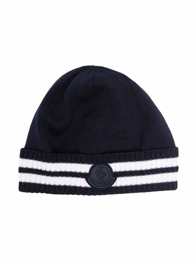 Shop Moncler Logo-patch Ribbed Beanie In Blue