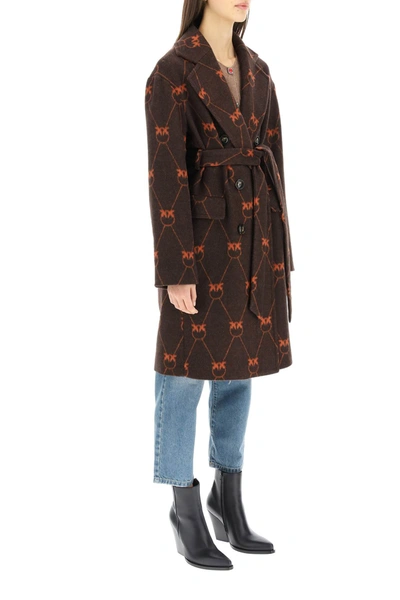 Shop Pinko Monogram Jacquard Coat In Brown,orange