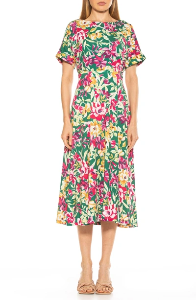 Shop Alexia Admor Lana Draped Bodice Floral Midi Dress In Green Multi