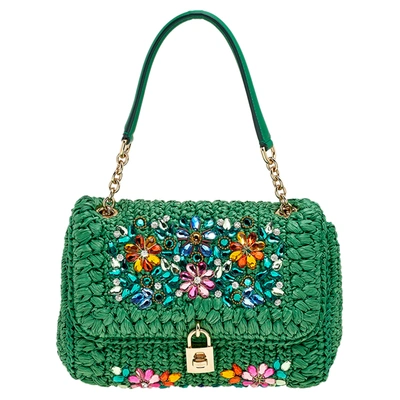 Pre-owned Dolce & Gabbana Green Straw Crystal Embellished Miss Bonita Shoulder Bag