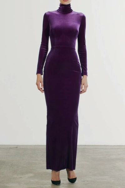 Shop Alex Perry Tierney Velvet Turtleneck Column Gown In Purple