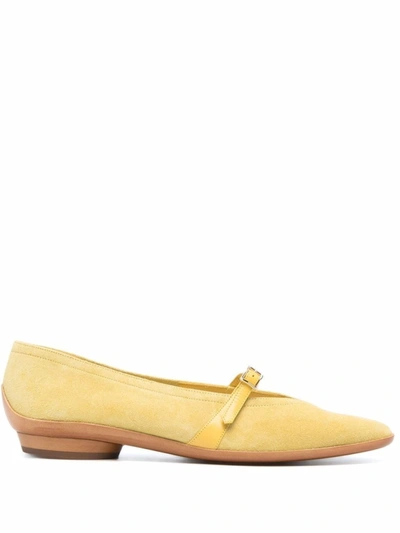 Shop Ferragamo Pale Yellow Buckled Suede Ballerina Shoes