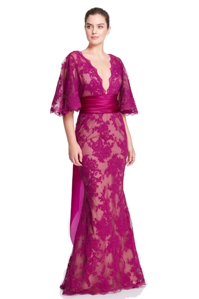 Shop Marchesa Cape Sleeve V Neck Gown In Pink