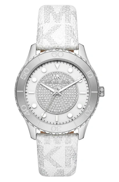 Shop Michael Kors Micharl Kors Runway Pavé Mk Logo Leather Strap Watch, 40mm In Silver