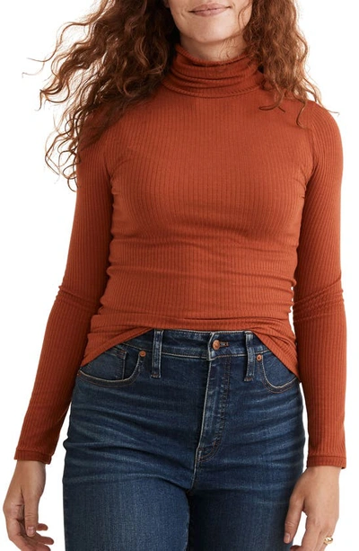 Shop Madewell Lightweight Ribbed Turtleneck Top In Rusty Torch