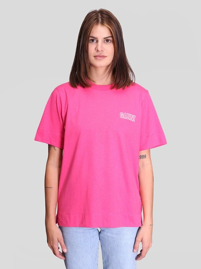Shop Ganni O-neck T-shirt In Shocking Pink