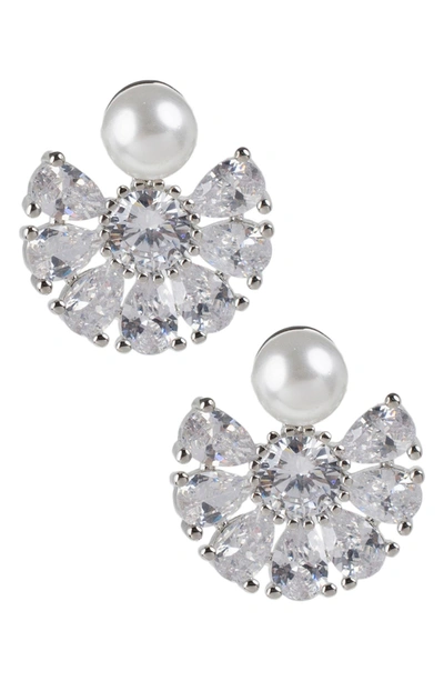 Shop Cz By Kenneth Jay Lane Faux Pearl & Cz Fan Dangle Earrings In White/clear/silver
