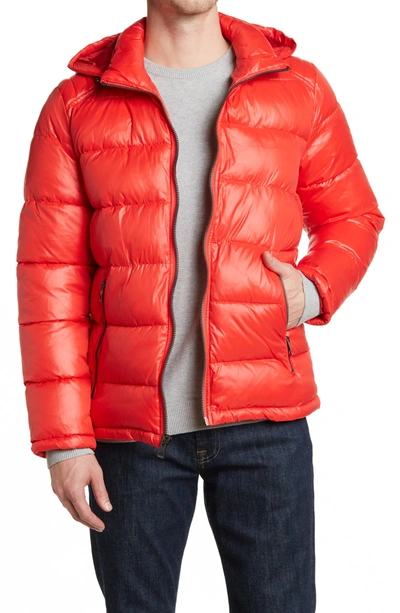 Shop Guess Hooded Solid Puffer Jacket In Crimson