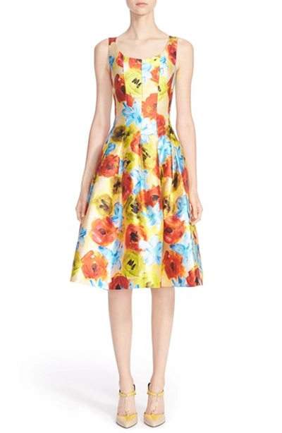 Shop Oscar De La Renta Impasto Floral Print Silk Blend Fit & Flare Dress In Marigold