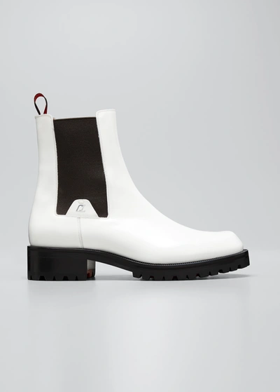 Christian Louboutin Men's Motok Red Sole Leather Chelsea Boots In White