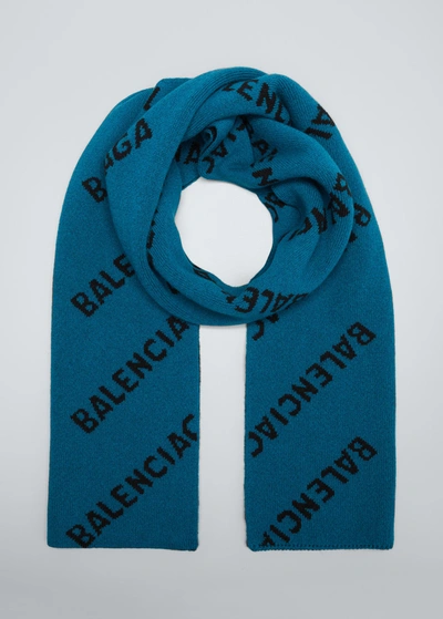 Shop Balenciaga Men's Allover-logo Wool Scarf In Blu/nero