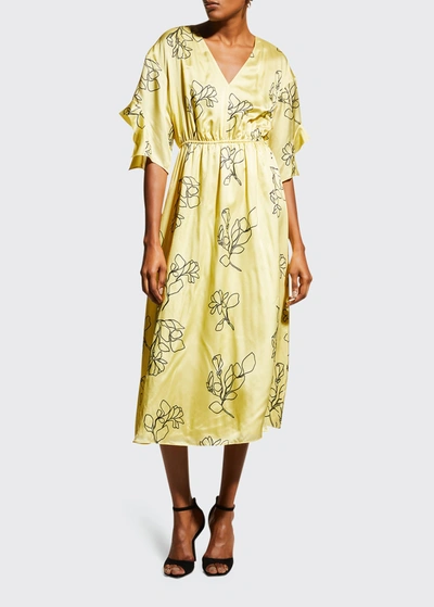 Shop Jason Wu V-neck Ruffle-sleeve Midi Dress In Lemon Sorbetblack