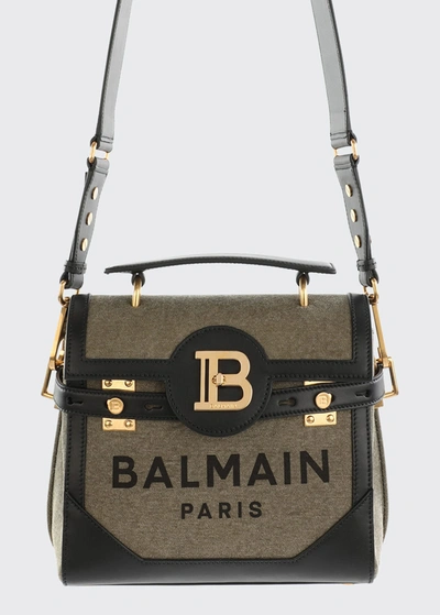 Shop Balmain Bbuzz 23 Logo Canvas Satchel Bag In Kaki Noir