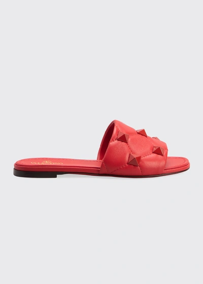 Shop Valentino Roman Stud Quilted Slide Sandals In Ju5 Rouge Pur