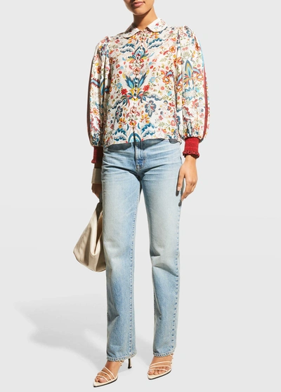 Shop Alice And Olivia April Embroidered-collar Button-front Blouse In Santa Monica Off