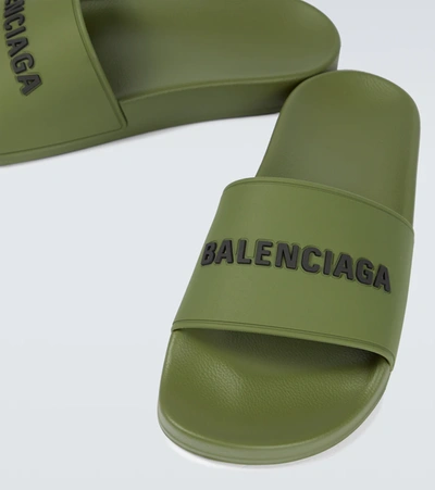 Shop Balenciaga Pool Logo Rubber Slides In Kaki/black