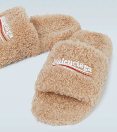 Balenciaga Faux-shearling Embroidered Logo Slides In Beige/white/red