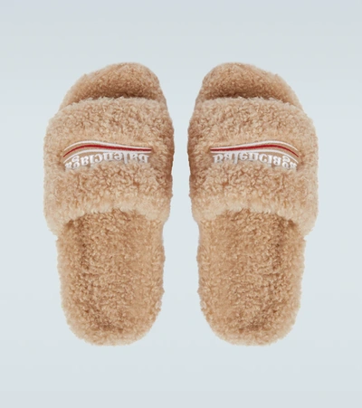 Balenciaga Faux-shearling Embroidered Logo Slides In Beige/white/red