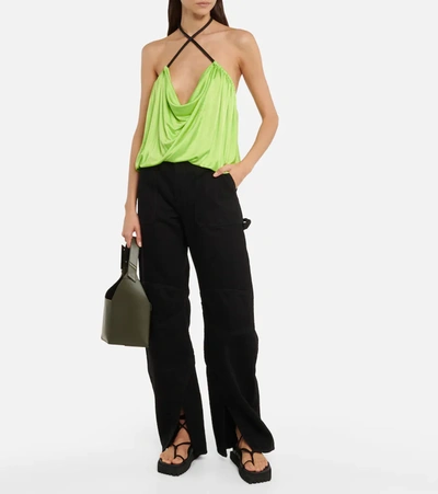 Shop Attico Pauline Leather-trimmed Top In Lime
