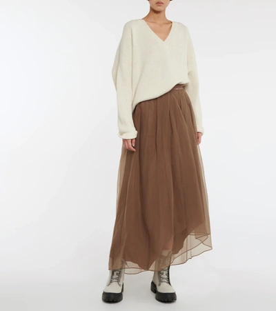 Shop Brunello Cucinelli Silk Tulle Maxi Skirt In Mustang