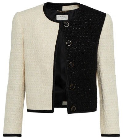 Shop Saint Laurent Colorblock Tweed Jacket In Craie