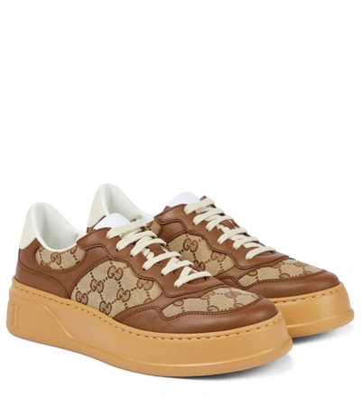 Shop Gucci Gg Canvas Leather-trimmed Sneakers In Hezelnut/bei.ebo/m.w