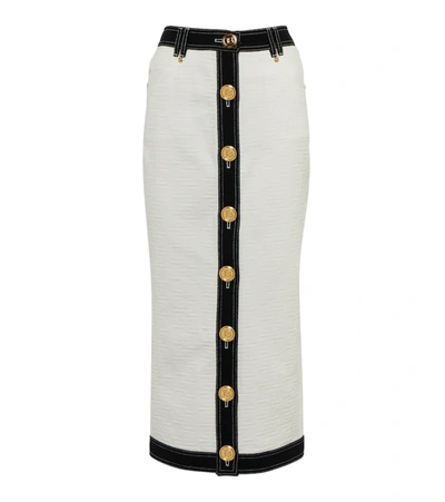 Shop Balmain Embossed Denim Midi Skirt In Blanc/noir