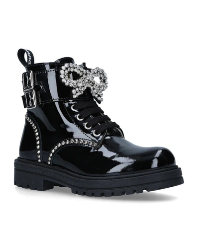 Shop Monnalisa Patent Leather Crystal Bow Boots In Black