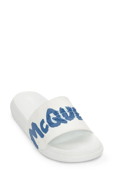 Shop Alexander Mcqueen Graffiti Logo Slide Sandal In White Lake Blue